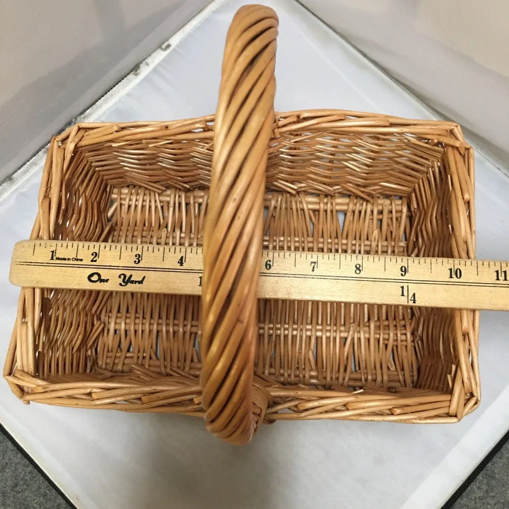 Wicker Basket Unisex Medium Tan Rectangular Woven Willow with Handle Cottagecore